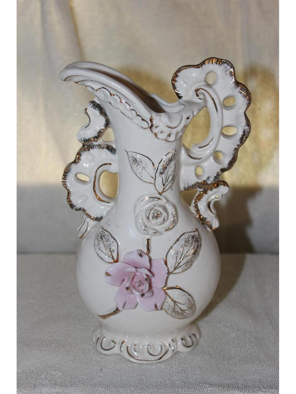 VINTAGE 1950s ROYAL SEALY JAPAN 9” TALL BONE CHINA VICTORIAN VASE PITCHER GOLD